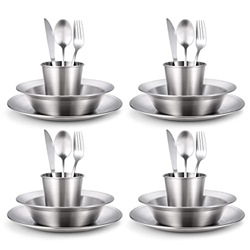 Odoland Stainless Steel Camping Mess Kit for Family & Person, Cooking Tableware Utensils with Plates Bowls Forks Spoons Knives & Savings Bag for Camping, Backpacking, Hiking, Picnic - style: 4 Person Set