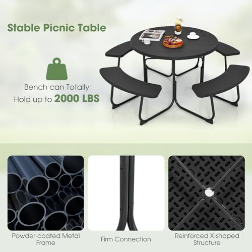 Giantex Picnic Table Set for Up to 8 Persons, Round Outdoor Table and Bench Set with Umbrella Hole, HDPE Top & Metal Frame, 2000LBS Capacity, Patio Table Bench for Deck Backyard Garden (Black) - color: Black, size: Round-43"x43"x30"