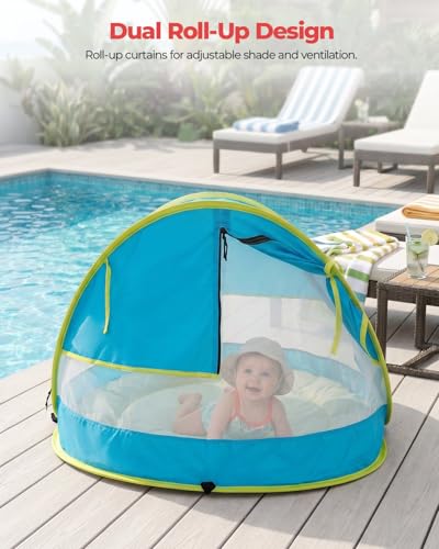 Poray Portable Baby Beach Tent with UPF 50+ Sun Shelter,Mosquito Net and Sunshade, Ideal Pop Up Kids Travel Tent with Carry Bag & 2 Stakes,Outdoor Indoor Play and Sun Protection - style: Large Deluxe Blue & Mat