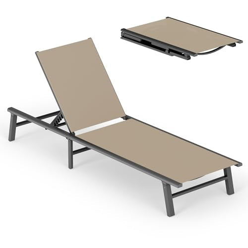Ciokea Foldable Outdoor Lounge Chair, No Assembly Patio Chaise Lounge Outdoor with 5-Positions, Aluminum Pool Lounge Chair with Portable Design for Pool, Beach, Deck, Backyard, Khaki - color: Khaki-upgraded, size: 1 Pack