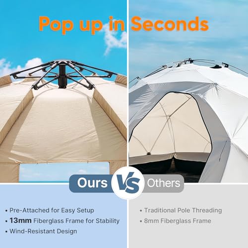 Golabs BT1 Pop up Beach Tent Sun Shelter for 3-Person, 1-Minute Setup by Pre-Attached Pole & UPF 50+, Beach Shade with Detachable Floor Mat, Mesh for Clear View & Airflow, only 7 lbs & Pocket and Hook - color: CAMEL
