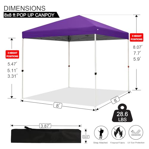 Northroad 8X8 FT Pop Up Canopy, Outdoor Instant Canopy Tent w/Carrying Bag, Portable Gazebo Shelter for Wedding Party,Commercial Event,Patio,Garden,Beach -Purple - color: Purple, size: 8x8