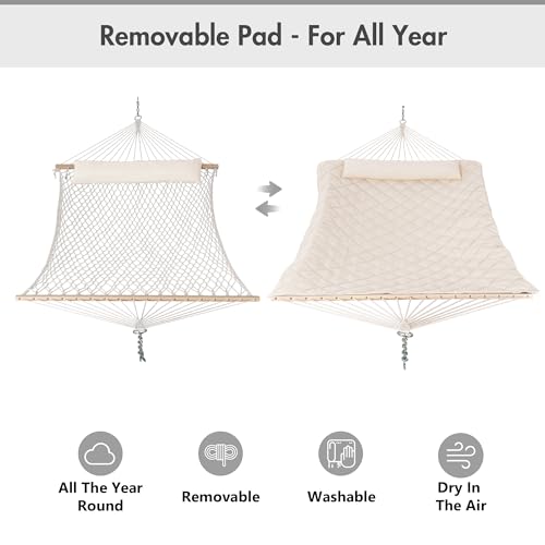 ANOW Heavy Duty Curved Wood Arc Stand with 2 Person Rope Hammock, 13.5FT Larch Wood Stand with 2 Chains, 4 Balance Ropes and 4 Carabiners, Includes Cream Hammock with Spreader Bars - color: Cream