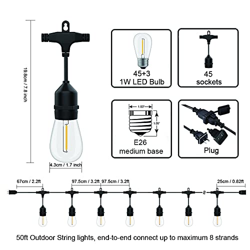 SUFEIMAS Outdoor String Lights LED 150FT with 46 Sockets 48pcs S14 Shattreproof Edison Bulbs,Dimmable LED Outdoor String Lights for Outside, Patio,Backyard, Market, Cafe (2 * 75FT) - color: Black, size: 150FT S14