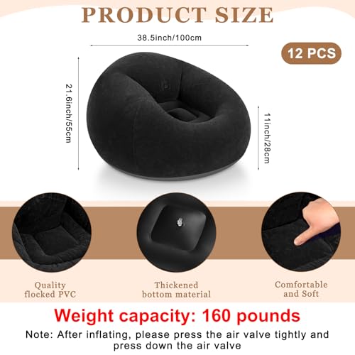Realspring 6 9 12 Pcs Inflatable Bean Bag Chairs for Adults with Electric Air Pump, Blow up Couch Folding Portable Inflatable Couch Lazy Sofa for Outdoor Movie Night Camping(Black,12 Pcs) - color: Black