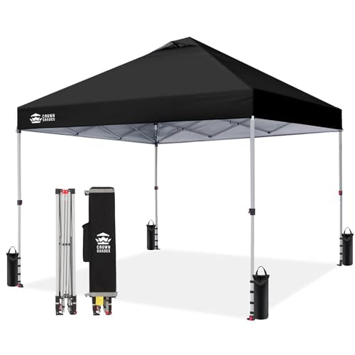 CROWN SHADES 10x10 Pop Up Canopy - Beach Tent with One Push Setup - Easy Outdoor Sun Shade for Events, Parties, Camping - Gazebo with STO-N-Go Cover Bag, Silver Coated Top, Black - color: Black, size: 10x10