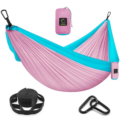 Grassman Camping Hammock Double & Single Portable Hammock with Tree Straps, Lightweight Nylon Parachute Hammocks Camping Accessories Gear for Indoor Outdoor Backpacking, Travel, Hiking, Beach - color: Pink & Blue, size: One Person