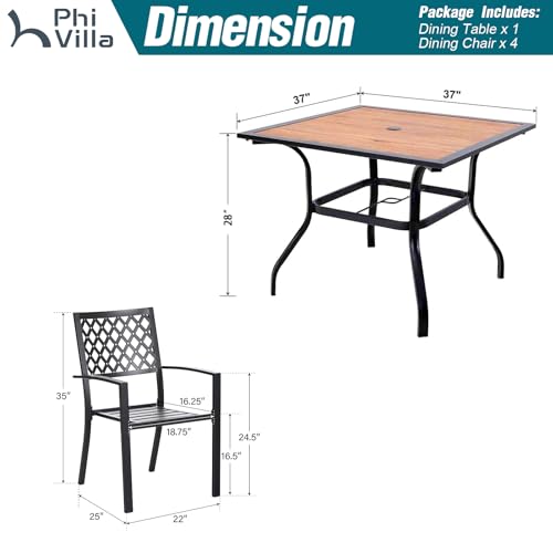 PHI VILLA 5 Pieces Outdoor Dining Set for 4, 37" Square Metal Table with Polywood Top & Stackable Wrought Iron Chairs, Outside Furniture for Patio, Deck, Porch, Backyard - color: Net Back Chair, size: 5PCS-37" Wood Top Table