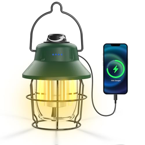 JINIU Rechargeable LED Camping Lantern, Mini Retro Portable Waterproof Lantern, 1000LM, 3 Light Modes (2700-6500K) Stepless Dimming Brightness, Hanging Tent Light for Camping, Power Outages - style: Green
