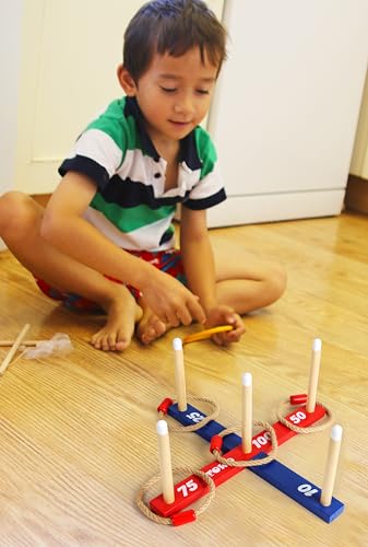 TOWO Wooden Ring Toss Game – Quoits Throwing Tossing Toy for Kids & Adults – Outdoor & Indoor Lawn Game for Family Fun Gift – Classic Rope Toss Game for Garden, Beach, Camping, Travel & Party Games