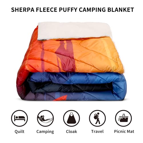 zzlamb Outdoor Camping Blanket with Sherpa Lining,Puffy Thick Camp Quilt for Sleeping,Packable Warm Wearable Fleece Blankets for Cold Weather,Traveling,Backpacking,Picnics,Beach,Stadium 52x75in - color: Blue Mountain With Red Sun