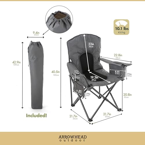 Arrowhead Outdoor Portable Folding Camping Quad Chair w/ 4-Can Cooler, Cup-Holder, Heavy-Duty Carrying Bag w/Easy Carry Shoulder Strap, Padded Armrests, Supports up to 330lbs, USA-Based Support - color: Grey