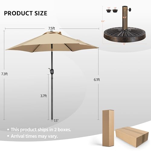 Yaheetech 7.5FT Patio Umbrella Outdoor with Heavy Duty Base Included,Table Umbrella with Push Button Tilt and Crank, UV Protection Waterproof for Yard/Wedding Parties and Events - Tan - color: Tan, size: 7.5FT
