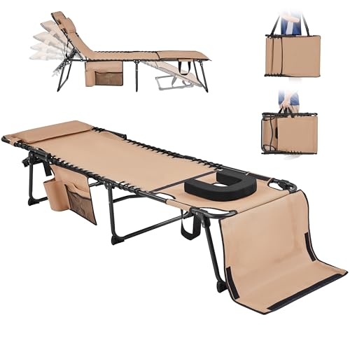 Yaheetech 22.4" Tanning Chair with Face Hole, Adjustable 5-Position Folding Chaise Lounge Chairs, Outdoor Lounge Chairs for Lawn, Beach, Sunbathing, Beige - color: Beige, size: 22.4"