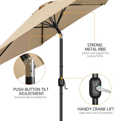 Yaheetech 9FT Patio Umbrella Outdoor with Heavy Duty Base Included,Table Umbrella with Push Button Tilt and Crank, UV Protection Waterproof for Yard/Outdoor/Wedding Parties and Events - Tan - color: Tan, size: 9FT