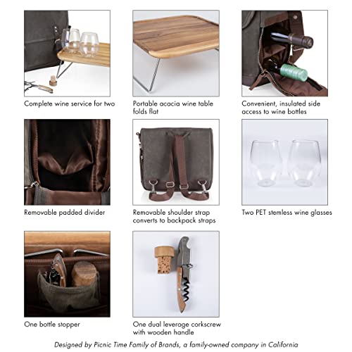 LEGACY - a Picnic Time Brand Adventure Wine Tote Bag with Wine Glasses and Mini Table, Khaki Green/Brown - color: (Khaki Green With Brown Accents)