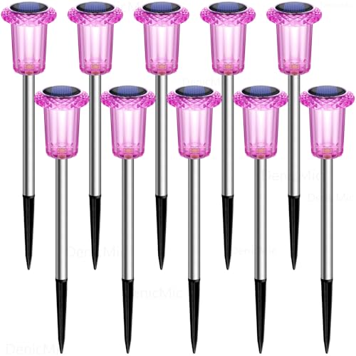 DenicMic Solar Lights Outdoor 10 Pack Waterproof Pink LED Stainless Steel Stake Outside Lights for Yard Pathway Garden Driveway Walkway Landscape Path Lighting Mothers Day Gifts for Mom - color: Pink 10Pack