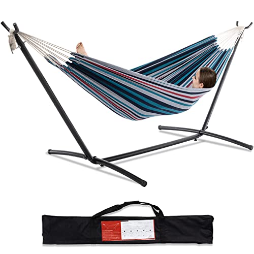 PNAEUT Double Hammocks with Stand for Outside, Portable Space Saving Heavy-Duty Steel Stand for Indoor Outdoor Patio with Carrying Bag, 450 lbs Capacity (Denim) - color: Denim
