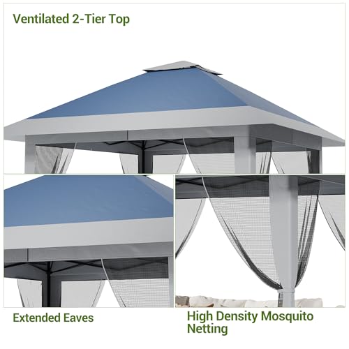 13X13 Pop Up Gazebo,Outdoor Canopy Tent with Mosquito Netting, Double Vented Roof Sun Shelter with Adjustable Heights,Outdoor Gazebo for Backyard & Patio Furniture.（Navy Blue-Four Sides gazebos） - color: Navy blue + heather gray