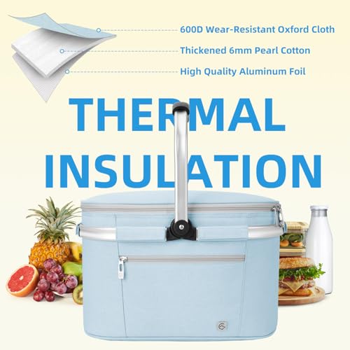 ALLCAMP Picnic Basket - Insulated Cooler, Thickening Foldable Picnic Basket with Removable Baskets & Sewn-in Frame, Basket for House Warming Gifts New Home(Light Blue) - color: Light Blue, size: Medium