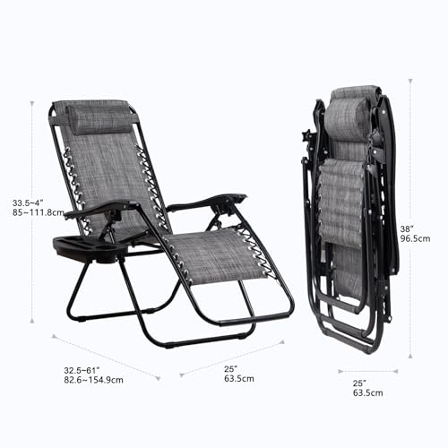 Nazhura Set of 2 Relaxing Recliners Patio Chairs Adjustable Steel Mesh Zero Gravity Lounge Chair Beach Chairs with Pillow and Cup Holder(Grey) - color: Grey