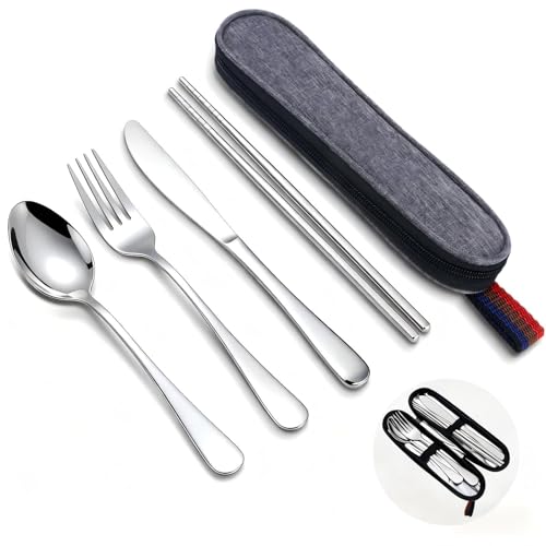 Reusable Travel Utensils Set with Case, Premium Stainless Steel Flatware, Portable Silverware for Lunch, Camping, Picnic, Travel Fork and Spoon Set, To Go Utensils, Dishwasher Safe (Silver) - color: Silver