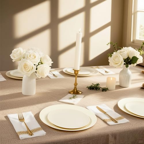 WONDERFUL 32pcs Heavy Duty Plastic Plates Reusable Unbreakable & Dishwasher safe Ivory Plastic Plates Dishes Set Reusable Plate Frosted Design Includes:16 Dinner 10" and 16 Dessert Plate 7.3" - color: Ivory
