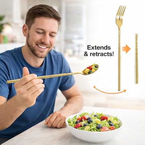 2 Pcs Extendable Fork Spoon Set 8.7 To 25.5in Extendable Long Telescoping Fork Spoon Set Stainless Steel Dinner Tableware for for Thanksgiving Gifts Barbecue Toasting Fruit Dessert (gold) - color: Gold