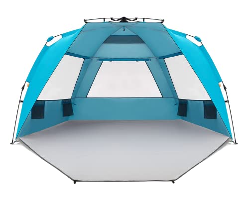 Easthills Outdoors Instant Shader Enhanced Deluxe XL Beach Tent Easy Set Up 4-6 Person Popup Sun Shelter 99" Wide for Family UPF 50+ Double Silver Coating with Extended Zippered Floor Pacific Blue - color: Instant Shader Enhanced -Pacific Blue