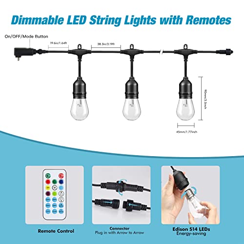 24FT Solar Outdoor String Lights, 12 Shatterproof Edison LED Bulbs, Dimmable RGB Color Changing Patio Lights Waterproof with Remote. for Patio Decor, Garden, Yard, Party, Bistro - size: S14 24FT