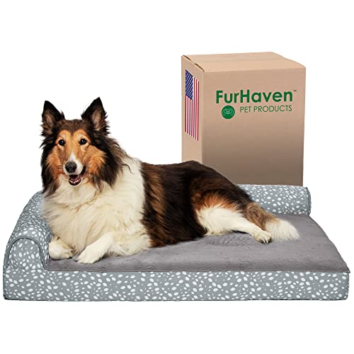 Furhaven Cooling Gel Dog Bed for Large Dogs w/ Removable Bolsters & Washable Cover, For Dogs Up to 95 lbs - Plush & Almond Print L Shaped Chaise - Gray Almonds, Jumbo/XL - color: (Plush & Almond Print) Gray Almonds, size: Jumbo