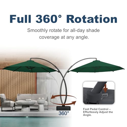 11FT Cantilever Umbrella with Base Large Curvy Outdoor Aluminum Offset Umbrella w/ 360° Rotation, UV Resistant Canopy for Patio, Garden, Backyard, Forest Green - color: Forest Green, size: 11FT
