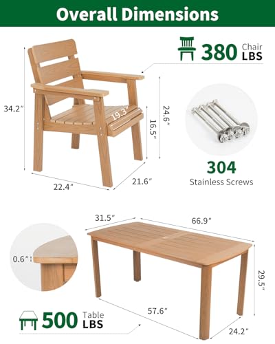 5-Piece Outdoor Dining Set, All-Weather HIPS Patio Table & Chairs for 4, Outdoor Furniture with Umbrella Hole, Ideal for Garden, Poolside, Backyard, Deck, Teak - color: Teak, size: 5 Pcs (1t+4c)