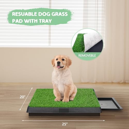 COZIWOW Grass Pad for Dogs with Tray, 25"×20" Dog Grass Pad with Tray for Puppy Potty Training, Washable Indoor Dog Potty Grass, Resuable Artificial Porch Potty Pet Loo - size: M - 25x20x2.4 IN