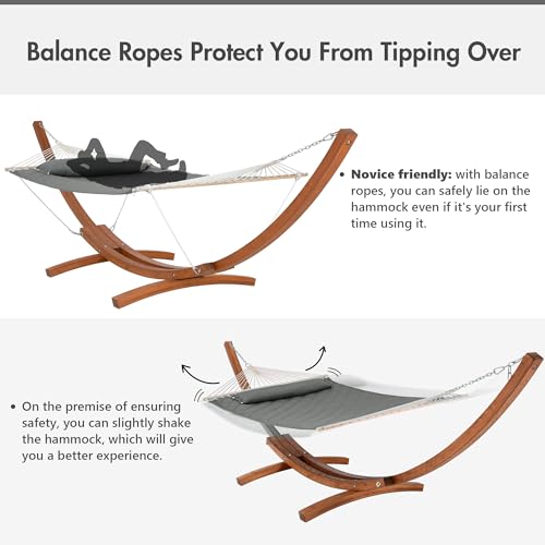 ANOW 13.5FT Curved Wood Stand with Portable Hammock, Heavy Duty Larch Wood Arc Stand with 2 Chains, 4 Balance Ropes and 4 Carabiners, Includes Gray Hammock with Spreader Bars - color: Gray-quilted