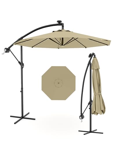 Jojoka 10FT Cantilever Patio Umbrella with Solar LED Lights - Offset Outdoor Umbrella - Easy Lift & Tilt - UV Protection - Fade Resistant - Ideal for Deck, Pool, Garden - color: Beige