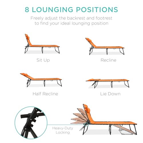 Best Choice Products Patio Chaise Lounge Chair, Portable Outdoor Folding Recliner for Lawn, w/ 8 Positions, Handles, 300lb Capacity - Orange - color: Orange