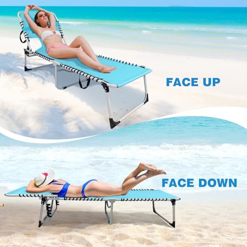 Sun Tanning Chair with Face Hole 5-Position Folding Lounge Chair Outdoor with Portable Beach Table for Poolside Sunbathing Camping Lawn Backyard - color: Blue, size: Tanning Chairs Standard