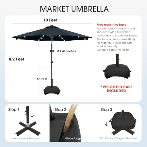 wikiwiki 10FT Solar Led Patio Umbrella with Base Included, 32 LED Lights, 8 Sturdy Ribs, Fade Resistant Waterproof POLYESTER DTY Canopy for Garden, Lawn, Deck, Backyard & Pool, Navy Blue - color: Navy Blue, size: 10FT