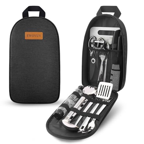Camping Cooking Utensils Set- Camping Essentials Cookware Accessories Gear Must Haves Camper Tent Camp Kitchen Rv Gadgets Outdoor Stove Portable Picnic Gifts for Women BBQ Stuff - color: Black