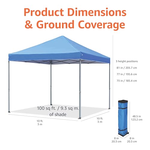 Amazon Basics Outdoor Pop Up 10 x 10 Canopy Tent for Events, Portable with Easy Setup, Sun Shelter for Outdoor Activities, Includes Wheeled Carry Bag, 8 Pegs, 4 Ropes, 4 Weighted Bags, Blue - color: Blue, style: Pop Up