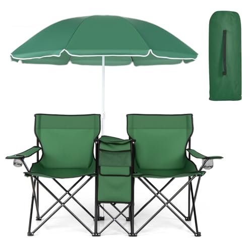 COSTWAY Double Portable Picnic Chairs, Folding Camping Chairs w/Detachable Umbrella, Cooler Bag, Cup Holders, Patio Beach Camping Chairs for Outdoors, Green - color: Green