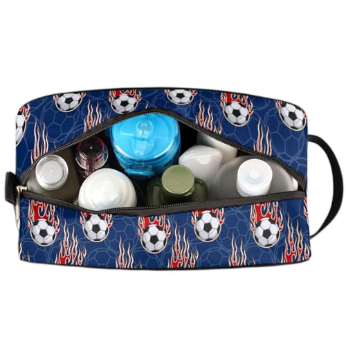 Kids Travel Toiletry Bag - Waterproof Hanging Cosmetic Hygiene Bags for Boys Men - Fire Soccer Ball Large Shave Kit for Toiletries Accessories Bathroom Stuff - color: Fire Soccer Ball
