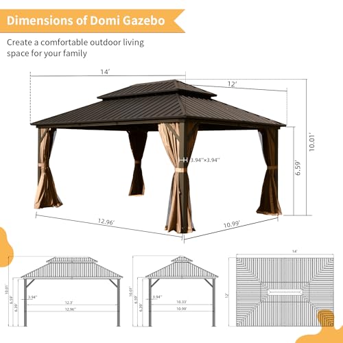 Domi 12' x 14' Hardtop Gazebo Permanent Metal Gazebo with Galvanized Steel Double Roof, Curtains and Netting for Party, Wedding, Outdoor Dining, Patio, Backyard, Brown - color: Brown, size: 12'×14' Double Roof