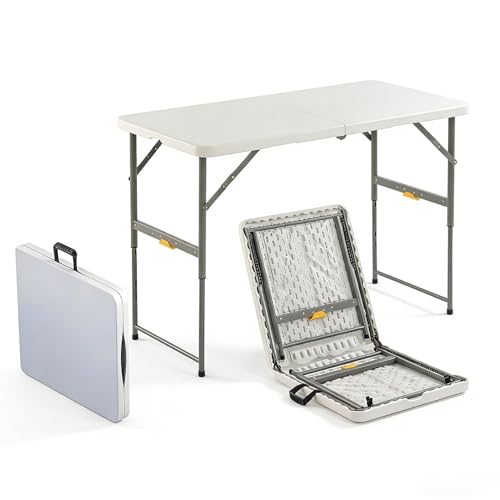 4FT Folding Table with One Press Adjustable Height,Fold in Half Portable Card Table with Carry Handle&Locking Steel Legs,Heavy Duty Plastic Utility Table for Party,Picnic,Camping Indoor Outdoor,White