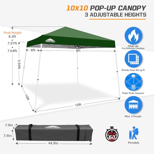 EAGLE PEAK 10x10 Slant Leg Pop-up Canopy Tent Easy One Person Setup Instant Outdoor Beach Canopy Folding Portable Sports Shelter 10x10 Base 8x8 Top (Green) - color: Green, size: 10x10