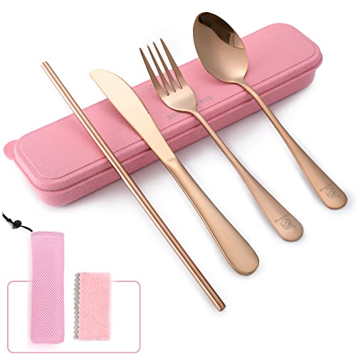 Boulder Bee Travel Utensils | Reusable Camping Cutlery | Stainless Steel Flatware | Portable Silverware Set with Case | Includes Knife/Fork/Spoon/Straw/Cleaning Cloth (Rose Gold) - color: Rose Gold
