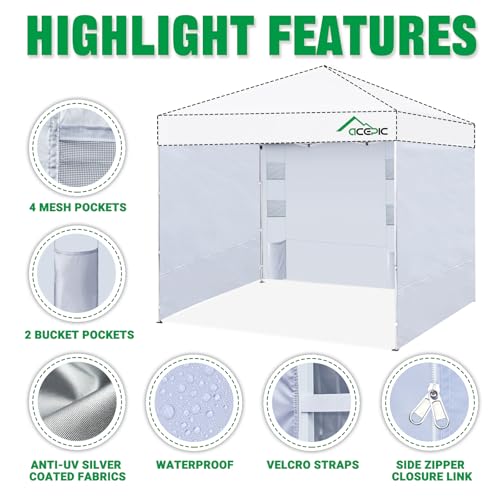 Acepic Instant Canopy Sidewalls 10x10 FT for Pop Up Canopy, Waterproof and UV Protection, 300D Polyester Canopy Walls with 6 Pockets, White/Silver(3PCS Sidewall Only, Canopy Tent NOT Included)