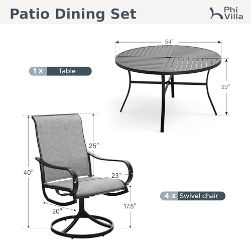 PHI VILLA 7 Piece Outdoor Patio Dining Set with 6 Swivel Dining Chairs & 1 Large Round Dining Table, Gray Textilene Mesh Fabric Chair and 54" Metal Table for All Weather - color: Grey Fabric, size: 54" Dia x 28"H-7 Piece-Metal