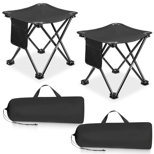 2 Pack Camping Stool 13 Inch Portable Folding Camp Stool with Side Pocket for Camping Fishing Hiking Gardening Outdoor Walking, Foot Stools with Carry Bag, Black